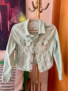 Free People Pastel Mint Denim Trucker Jacket